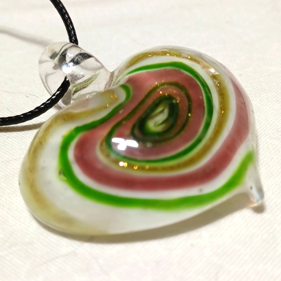 Glass heart handmade hand-blown murano lampwork pendant white gold green purple - Picture 4 of 5